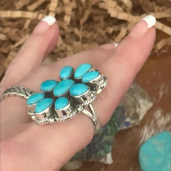 Kingman turquoise cluster statement sterling silver ring - Picture 4 of 10